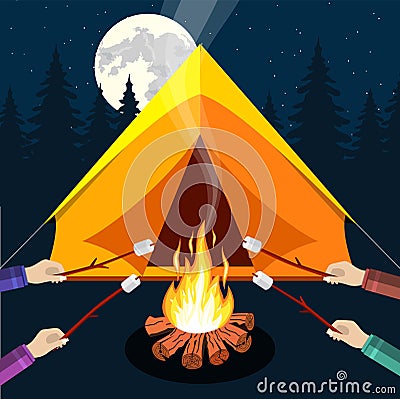 Bonfire with marshmallow. Vector Illustration