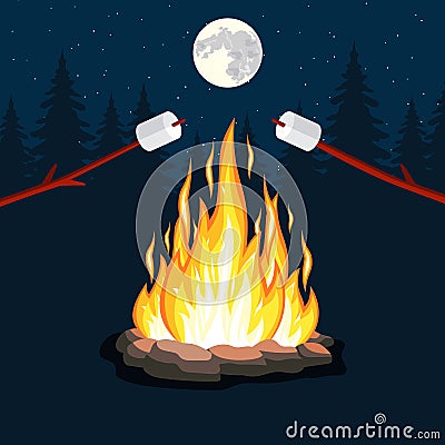 Bonfire with marshmallow, stone, Vector Illustration