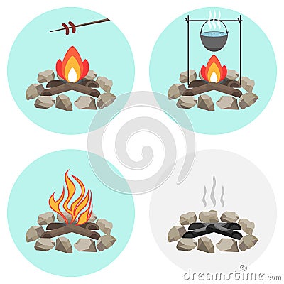 Bonfire, a pot on the fire, fry the sausage at the stake, ashes, coals, firewood Cartoon Illustration