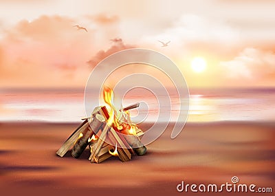 Bonfire On Sandy Shore Vector Illustration