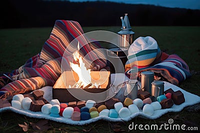 bonfire surrounded by blankets, hot chocolate, and marshmallows for s& x27;mores Stock Photo