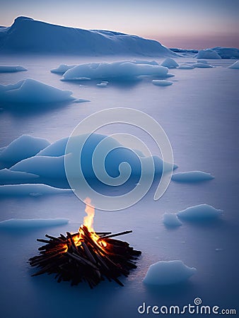 A bonfire on the wide ice floor Cinematic daylight generative ai illustration art Cartoon Illustration