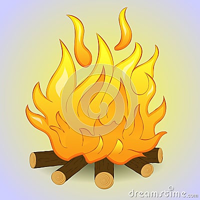 Bonfire with wood and flame fire on grey background. Simple cartoon style. Vector illustration Vector Illustration