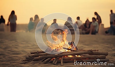 Bonfireon blurred background of multicultural group of friends having fun on beach. Generative AI Stock Photo