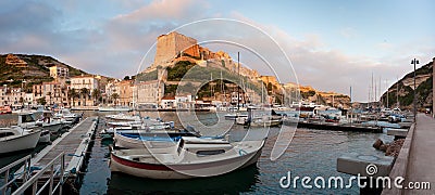 Bonifacio marina at sunrise, Corsica, France Stock Photo