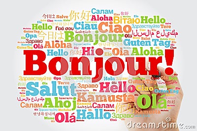 Bonjour Hello Greeting in French word cloud Stock Photo