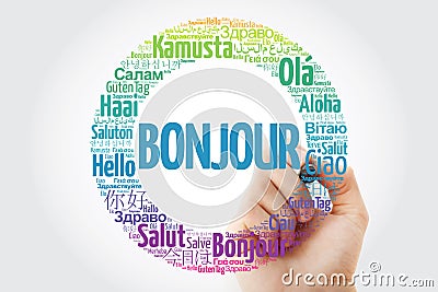 Bonjour Hello Greeting in French word cloud Stock Photo