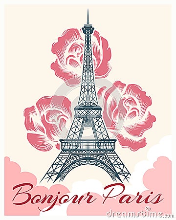 Bonjour or hello Paris retro poster Vector Illustration