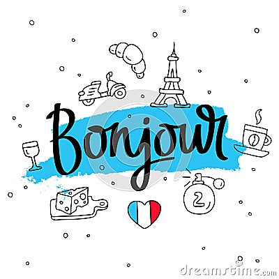 Bonjour. Word hello in French. Fashionable calligraphy. Vector Illustration