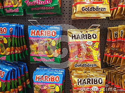 BONN, GERMANY - November 2019: Candy packages on the store shelf. Haribo brand store Editorial Stock Photo