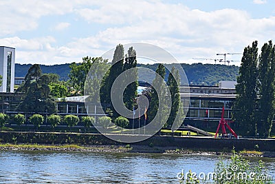 Bonn, Germany - 06 28 2022: Plenarsaal and Bundeshaus at the Rhine with nstruction cranes in background Editorial Stock Photo