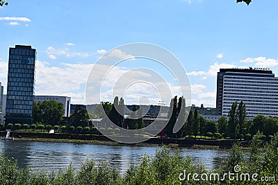 Bonn, Germany - 06 28 2022: Plenarsaal, Bundeshaus, United Nations building and a hotel at the Rhine Editorial Stock Photo