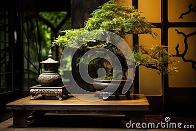 bonsai on pedestal under lantern light Stock Photo