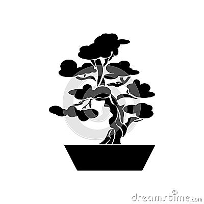 Bonsai silhouette, decorative tree in flower pot, japanese bonsai culture, plant cultivation icon Vector Illustration