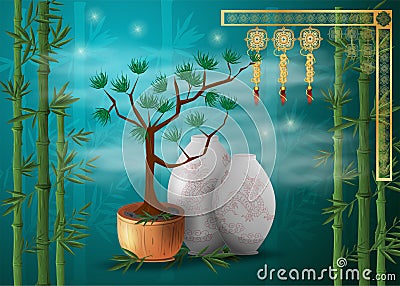 Bonsai tree, coniferous in a pot next to Chinese vases among bamboo thickets Vector Illustration