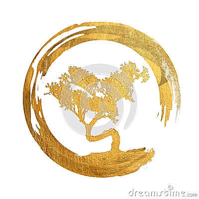 Bonsai Tree Enso Gold Circle, Feng Shui Symbol Asian Art Calligraphy, Japanese Chinese - Copy Text Body Space. Background Isolated Cartoon Illustration