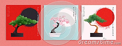 Bonsai Trees Cards Vector Illustration