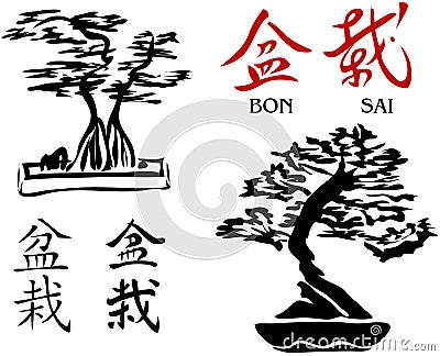 Bonsai Trees & Kanji Characters 2 [Vector] Stock Photo