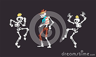 Bony Skeleton Character Dancing Moving Limb Vector Set Vector Illustration