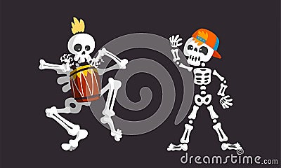 Bony Skeleton Character Waving Limb and Playing Drum Vector Set Vector Illustration