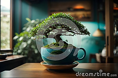 A bonzai tree in the coffee cup realistic Stock Photo