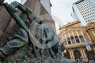 Bonze Statue in front of Central Mail building or Correo Central Editorial Stock Photo