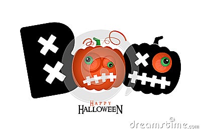 Boo. Halloween banner with cartoon pumpkins. Lettering, poster, card or invitation design concept. Vector Illustration