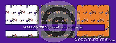 BOO Halloween set of three seamless patterns. Collections of white, black and orange versions of seamless patterns, vector illust Vector Illustration