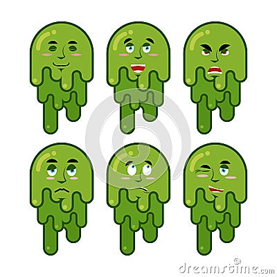 Booger emotions set. Cheerful and sad snot. Evil and good of snivel. Green slime lump Vector Illustration