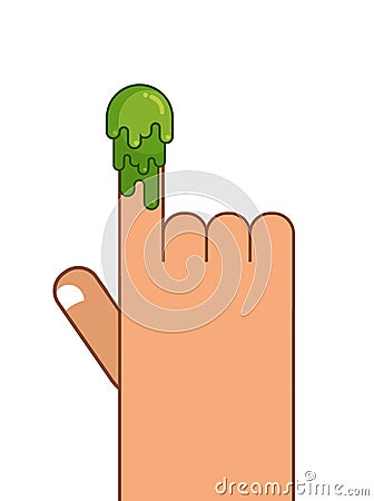 Booger and Hand. Snot on finger. Pick your nose snivel. Green slime lump Vector Illustration