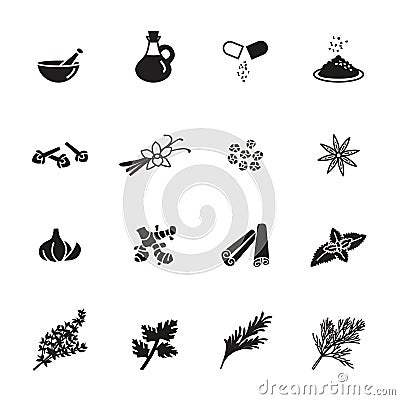Spice, condiment and herb icons set. Vector Illustration