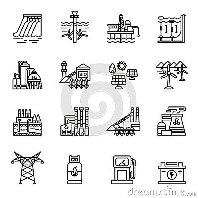 Energy industry icons set. different kinds enterprise, linear symbols collection. Vector Illustration