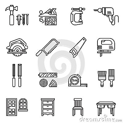 Carpenter elements or Woodworker icon set. Thin Line Style stock . Vector Illustration