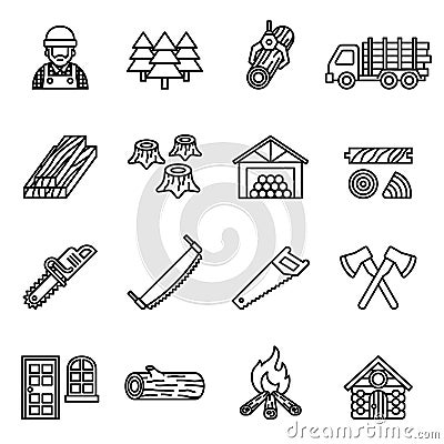 Wood lumber mill saw tree cut icon set. Thin line style stock Vector Illustration