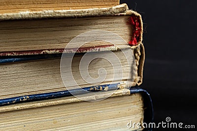 Book background. Old books in the library. Bookshelf shop, Knowledge publications literature. Bookish bookstore, Bookcrossing Stock Photo