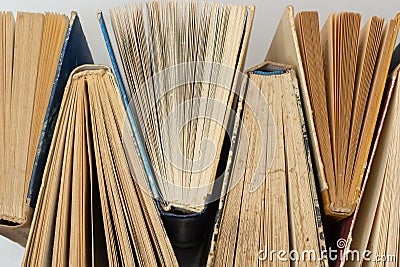 Book background. Old books in the library. Bookshelf shop. Knowledge publications, literature. Bookish bookstore, bookshop. Stock Photo