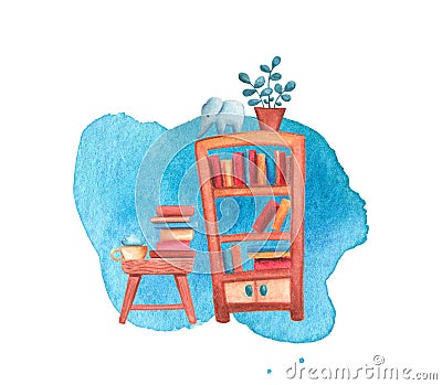 Book cabinet and table watercolor illustration on white background. Living room or library interior Cartoon Illustration