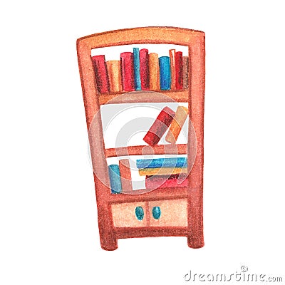 Book cabinet watercolor illustration on white background. Vintage bookshelf with book row and pile Cartoon Illustration