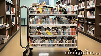 A book cart filled with novels in a school library created with generative AI Stock Photo