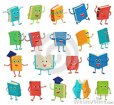 Book character vector cartoon emotion textbook with childish face expression on notebook cover at school illustration Vector Illustration