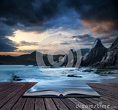 Book concept Beautiful landscape of mountains and sea at sunset Stock Photo