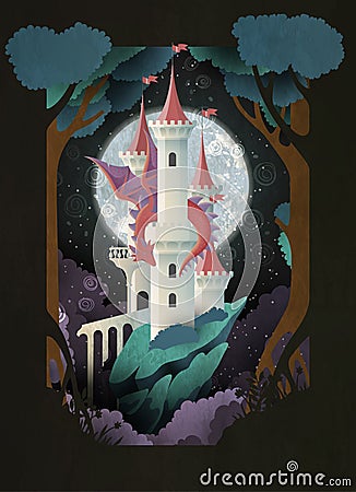 Book cover fairy tale illustration castle and dragon in front of night sky and moon Vector Illustration