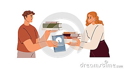 Book crossing, exchange, swap concept. People sharing, giving and getting literature to read. Readers friends, bookworms Vector Illustration