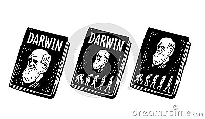 Book Darwin the theory of evolution of human. From monkey to man. Vintage engraving Vector Illustration