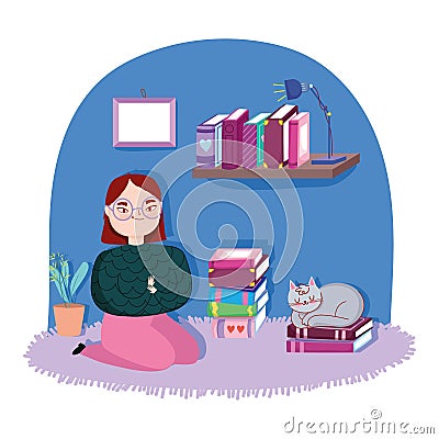 Book day, teen girl with cat and books in the room Vector Illustration