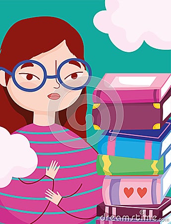 Book day, teen girl with glasses and stacked of books Vector Illustration