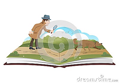 Book about detective with magnifying glass and tracker dog Vector Illustration