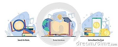 Book exploration reading book research online book payment icon set. search book study literature digital bookstore. Vector Vector Illustration