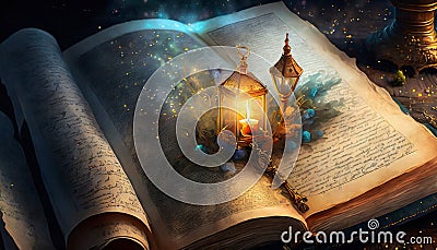 a book with fairy tales and magical mi lanterns Stock Photo