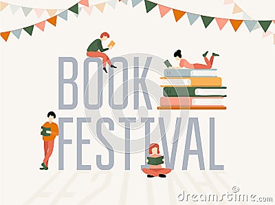 Book festival colorful poster with stacks of books and people characters Vector Illustration